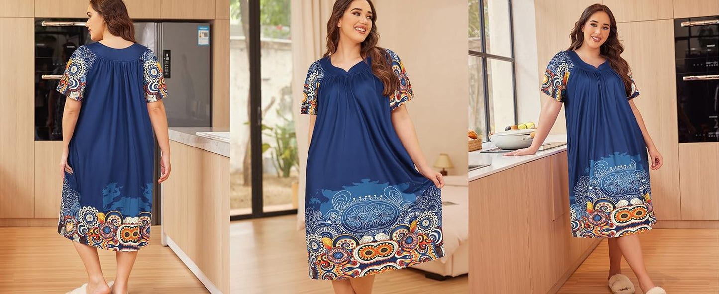 Ekouaer Women's Relaxed-Fit Mumu Dress Short Sleeve House Dress Momo Sleepdress with Pockets