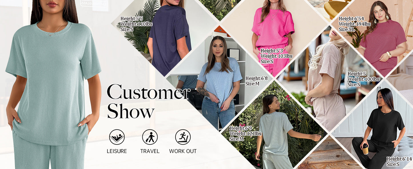 Ekouaer Lounge Sets for Women 2 Piece Matching Travel Outfits 2026 Loose Short Sleeve Top Wide Leg Pants Pockets