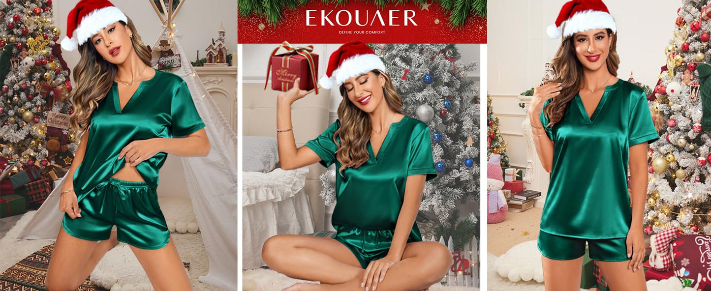 Ekouaer Silk Pajamas for Women Short Sleeve Satin Sleepwear Two-piece Pjs Set Soft V Neck Loungewear