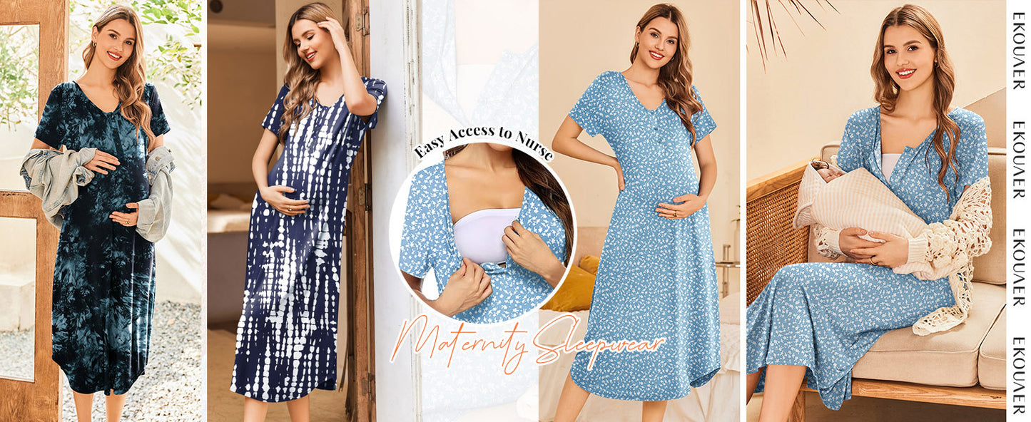 Ekouaer Womens Maternity Nightgown for Hospital Pregnancy Long Nightgowns Nursing Night Gown for Breastfeeding Army Green M