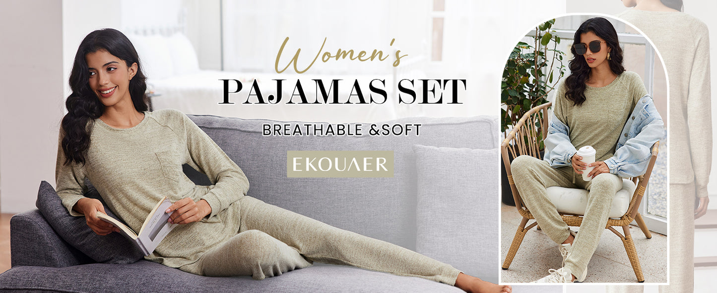 Ekouaer Womens Pajamas Set Long Sleeve Loungewear Soft Lounge Set Joggers with Pockets