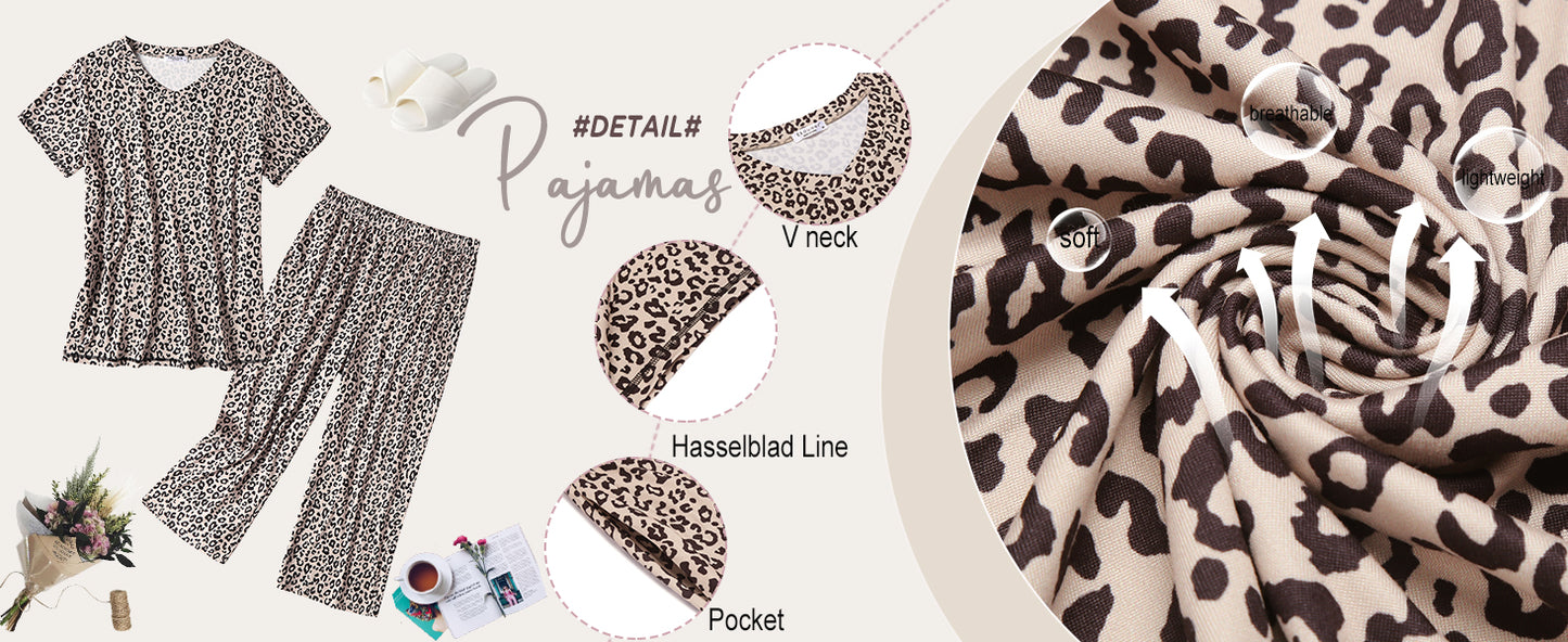 Ekouaer 2 Pack Women's Pajamas Short Sleeve Sleepwear Tops and Capri Pants Pjs