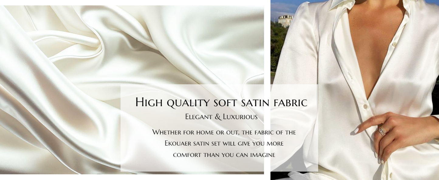 Ekouaer Womens 2 Piece Satin Pajama Set Long Sleeve PJs Sets Button Down Lounge Sets Soft Sleepwear Set