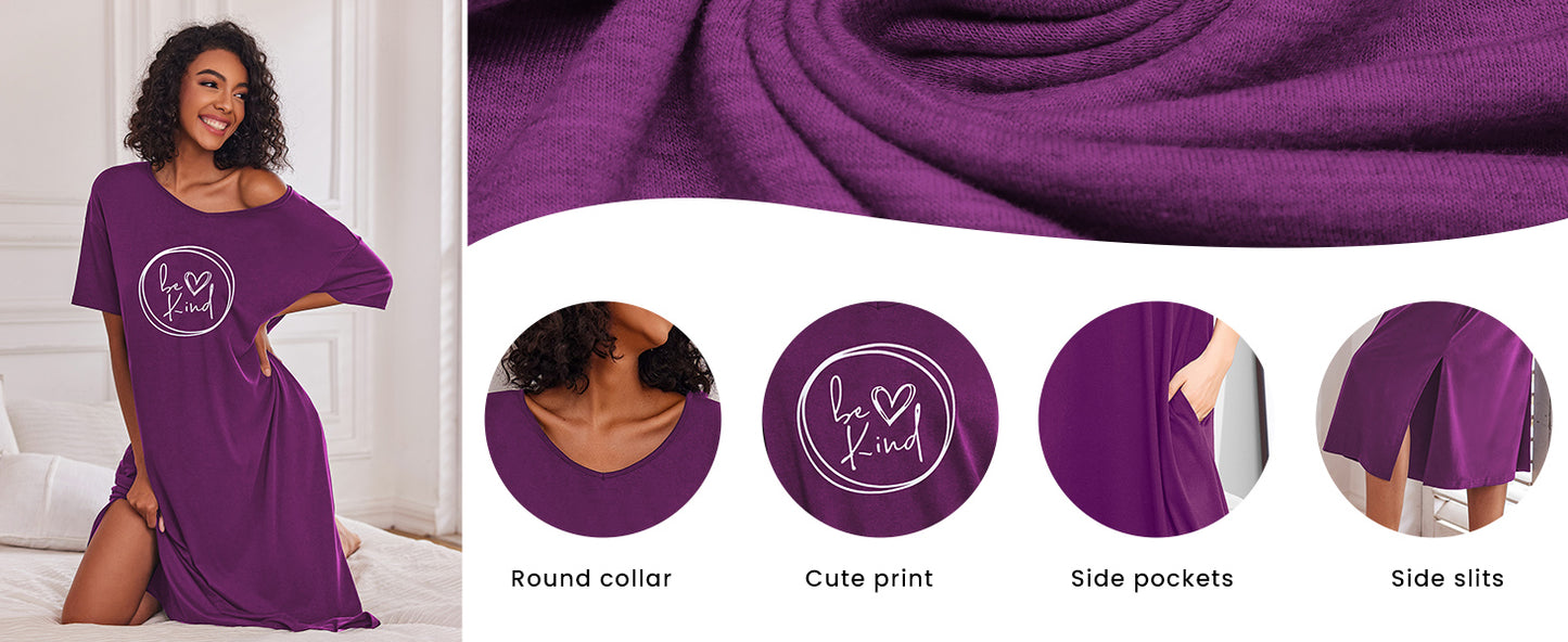 Ekouaer Long Nightgown for Women Short Sleeve Sleepwear Plus Size Loungewear with Pockets