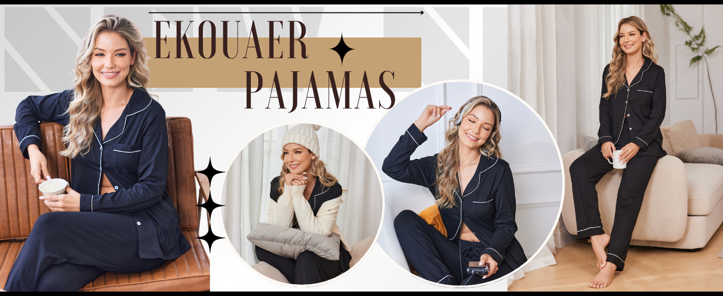 Ekouaer Womens Pajamas Set 2 Piece Button Down Pjs Soft Long Sleeve Top and Pants Sleepwear Set Lounge Sets