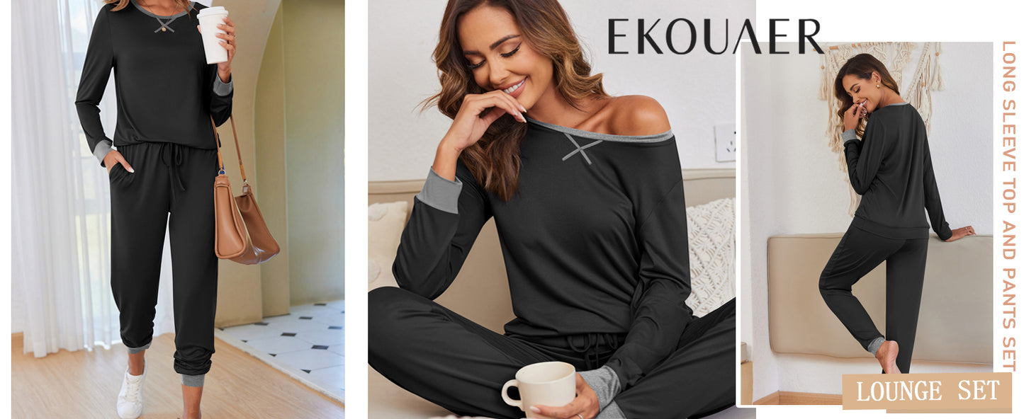 Ekouaer Pajamas For Women Comfy Long Sleeve Jogger Set Lounge Pjs Set With Pockets