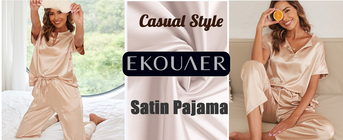 Ekouaer Satin Pajama Set Womens Silk Short Sleeve V Neck Shirt with Long Pant Soft Loungewear Pjs Set