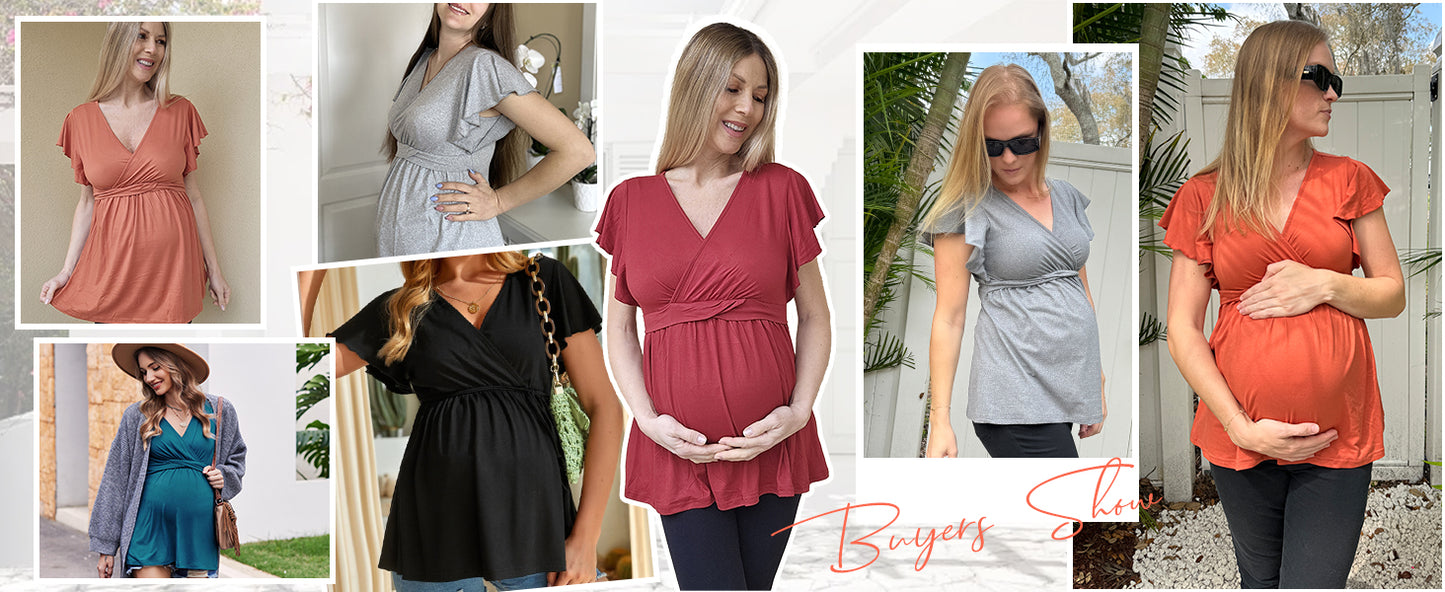 Ekouaer Maternity Shirts 3 Packs Flying Short Sleeve Nursing Tops Pregnancy Clothes Caramel+grey+wine Red L