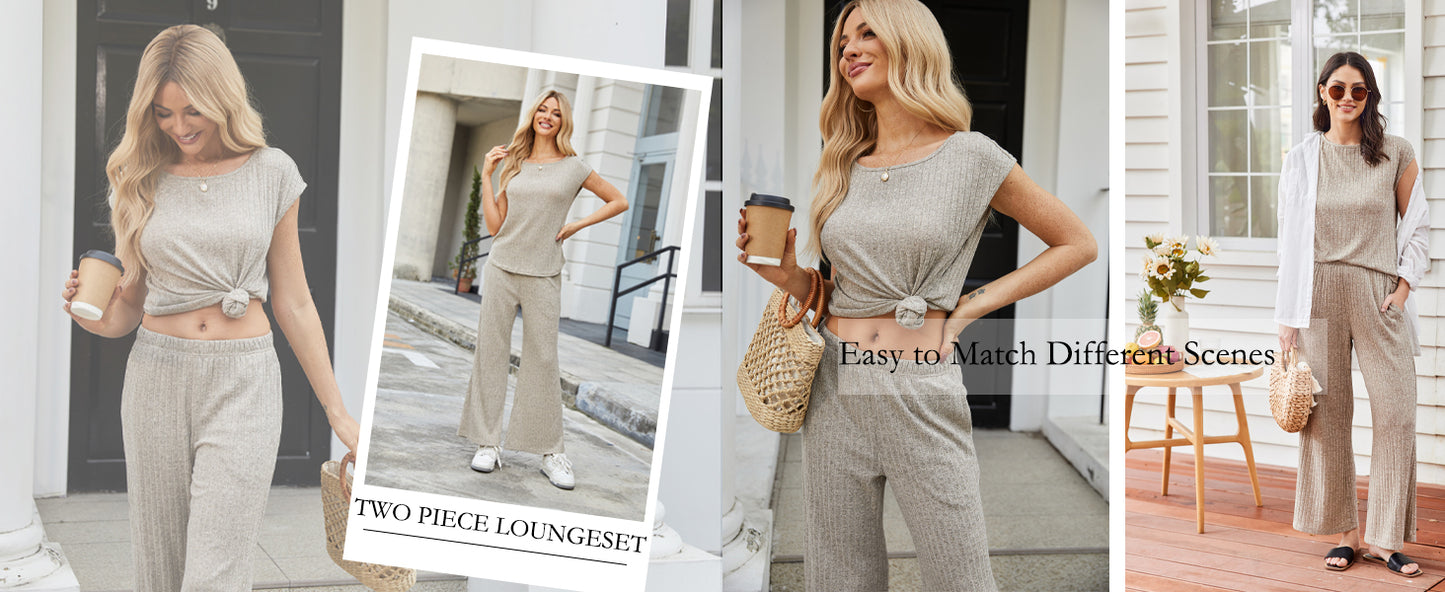 Ekouaer 2 Piece Lounge Sets for Women Matching Summer Outfits Casual Ribbed Knit Cap Sleeve Wide Leg Pants Sets