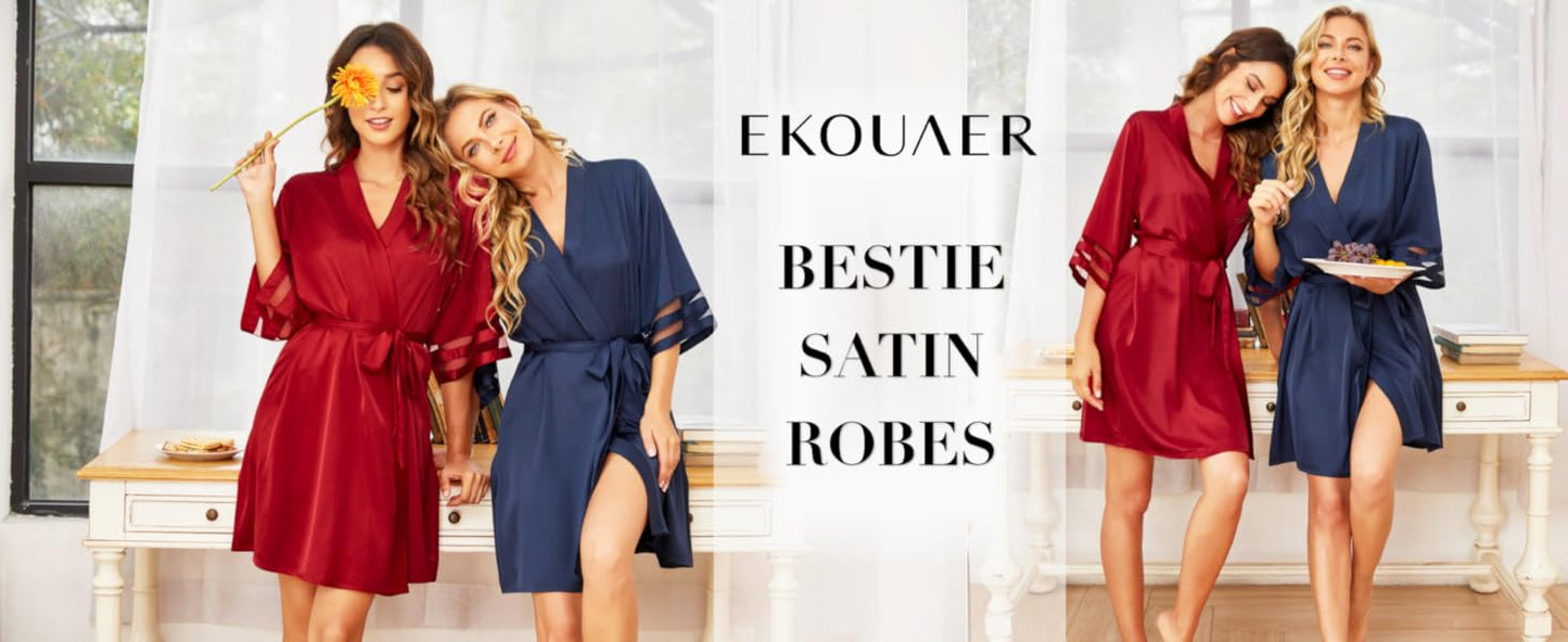 Ekouaer Women's Satin Robe Silk Bathrobe Bridesmaid Wedding Bridal Party Robes 3/4 Bell Sleeve Sleepwear