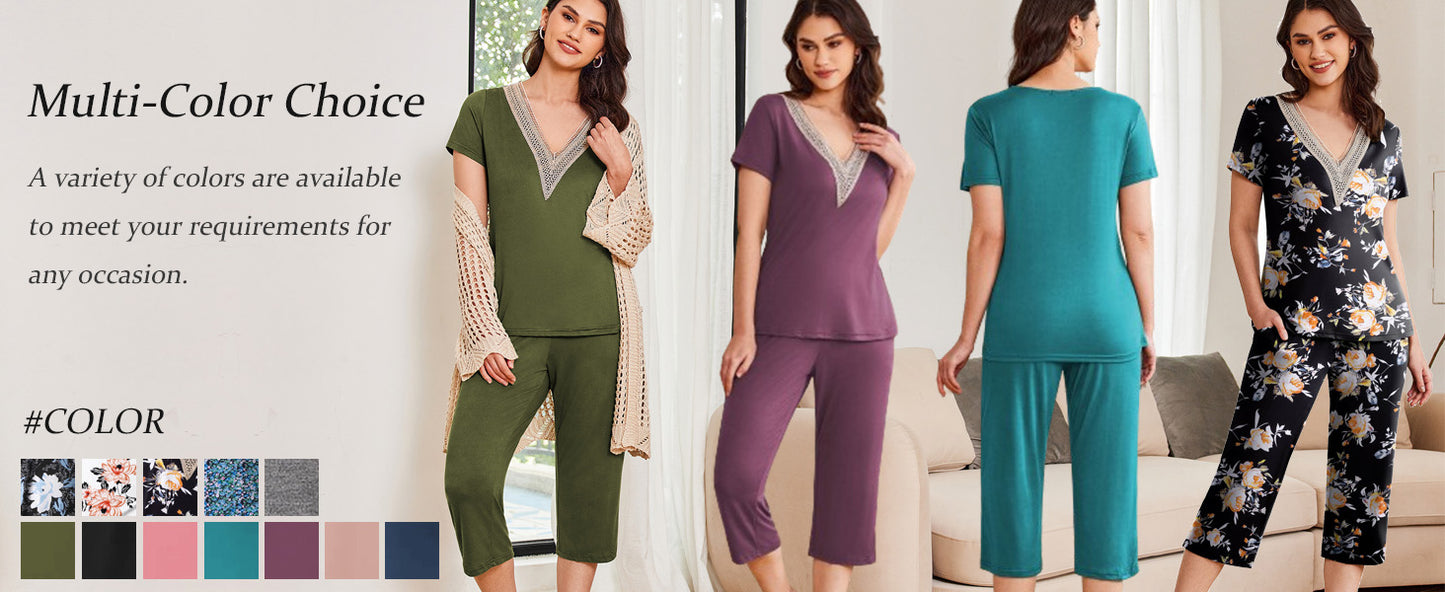Ekouaer Women's Pajamas Set Short Sleeve Lace V Neck Sleepwear Top Capri Pants Pjs Sets Soft Loungewear