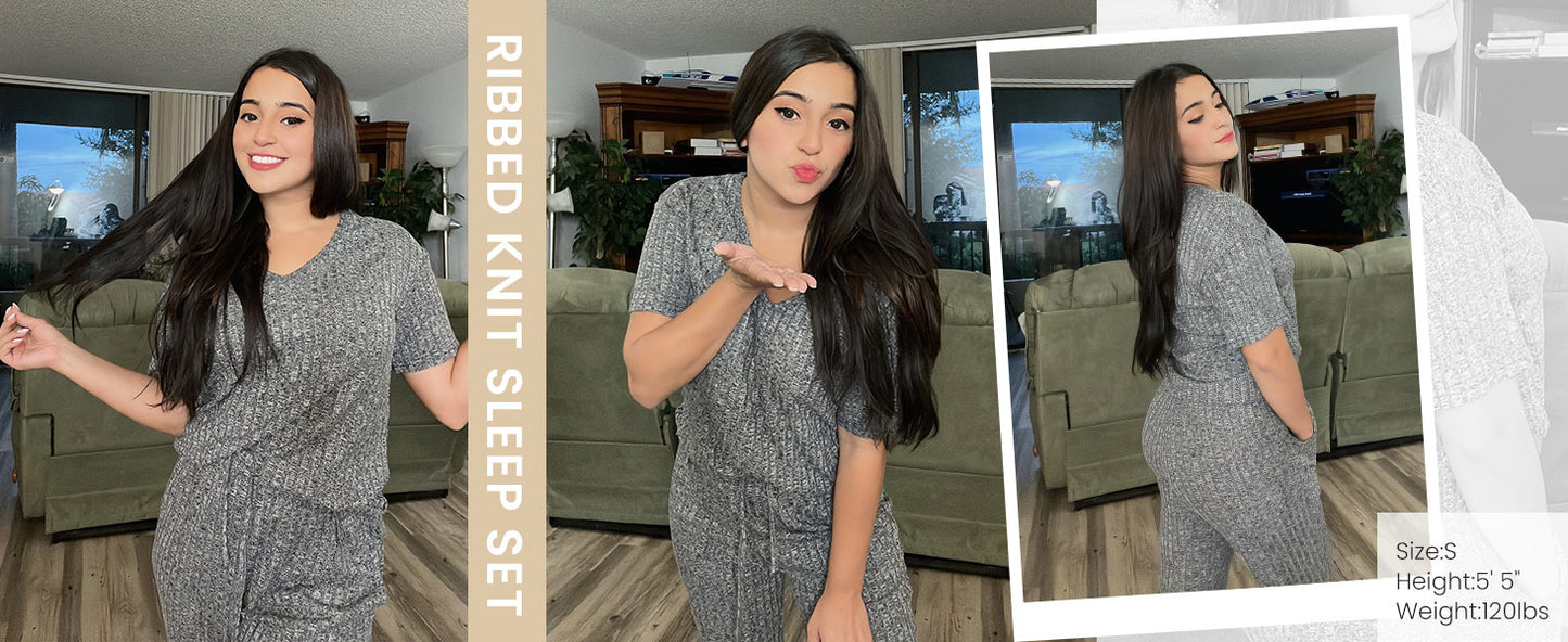 Ekouaer Pyjama Damen Herbst Schlafanzug Kurzarm Lang Hose Rippen Nachtw?sche