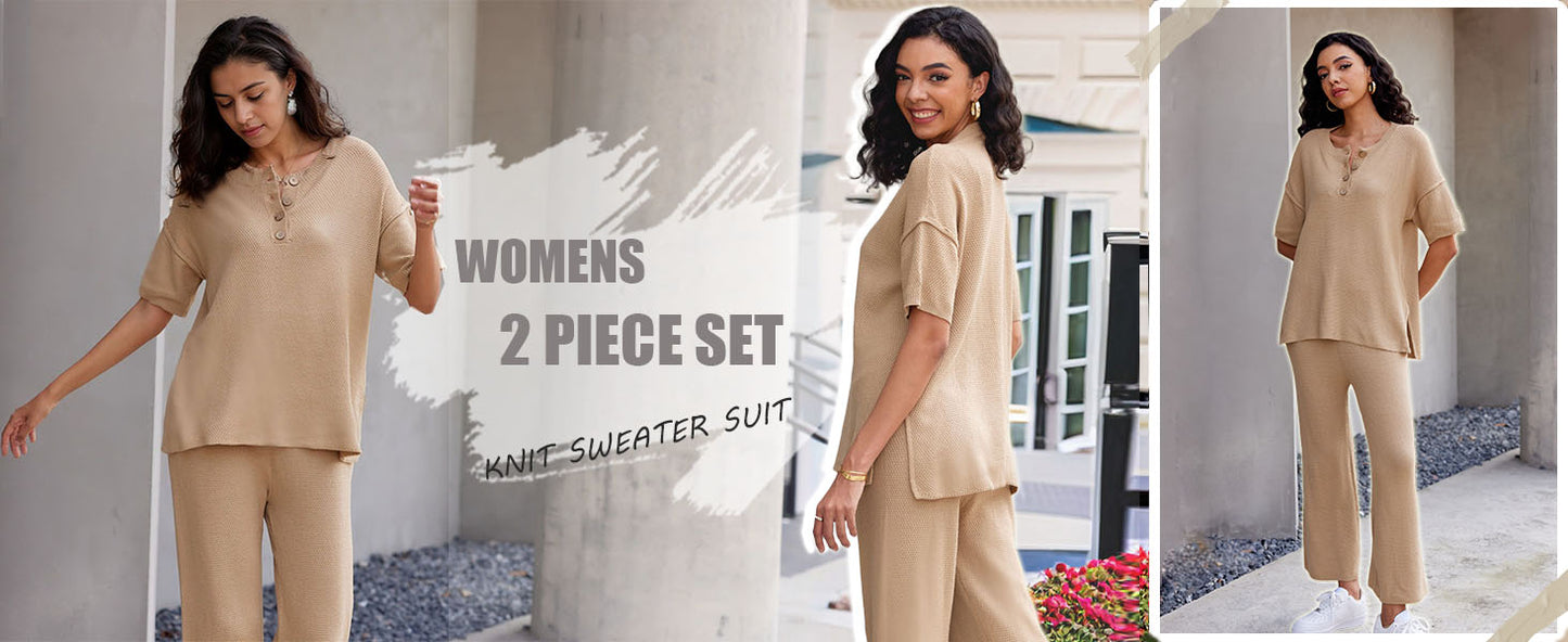 Ekouaer Lounge Sets for Women 2 Piece Pullover Sweater Set Knit Tops Wide Leg Pants Sweatsuits Casual Travel Outfits