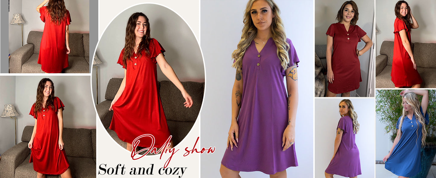 Ekouaer Women's Nightgown Short Flare Sleeve Sleepshirt V-Neck Sleepwear Soft Nightshirt Pajama Dress
