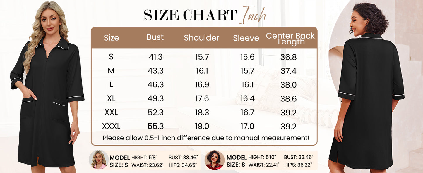 Ekouaer Zipper Robes for Women 3/4 Sleeve Housecoats Knee Length Bathrobe Lightweight Nightgown with Pockets