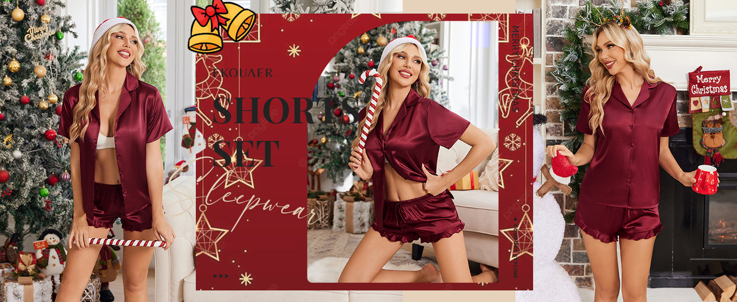 Ekouaer Womens Satin Pajamas Set Button Down 2 Piece Silk Pjs Shorts Set Ruffle Lingerie Notch Collar Sleepwear