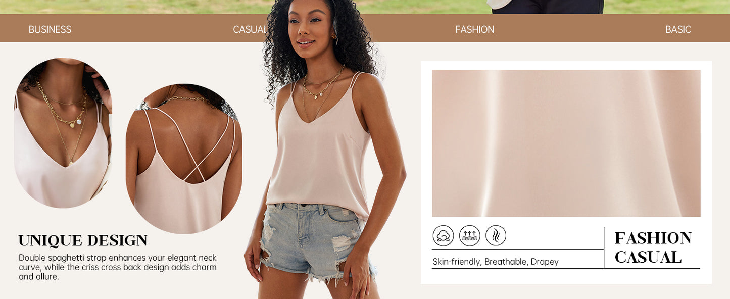 Ekouaer Womens Silk Satin Camisole Tank Tops V Neck Spaghetti Strap Blouses Cross Back Sleeveless Cami Shirt