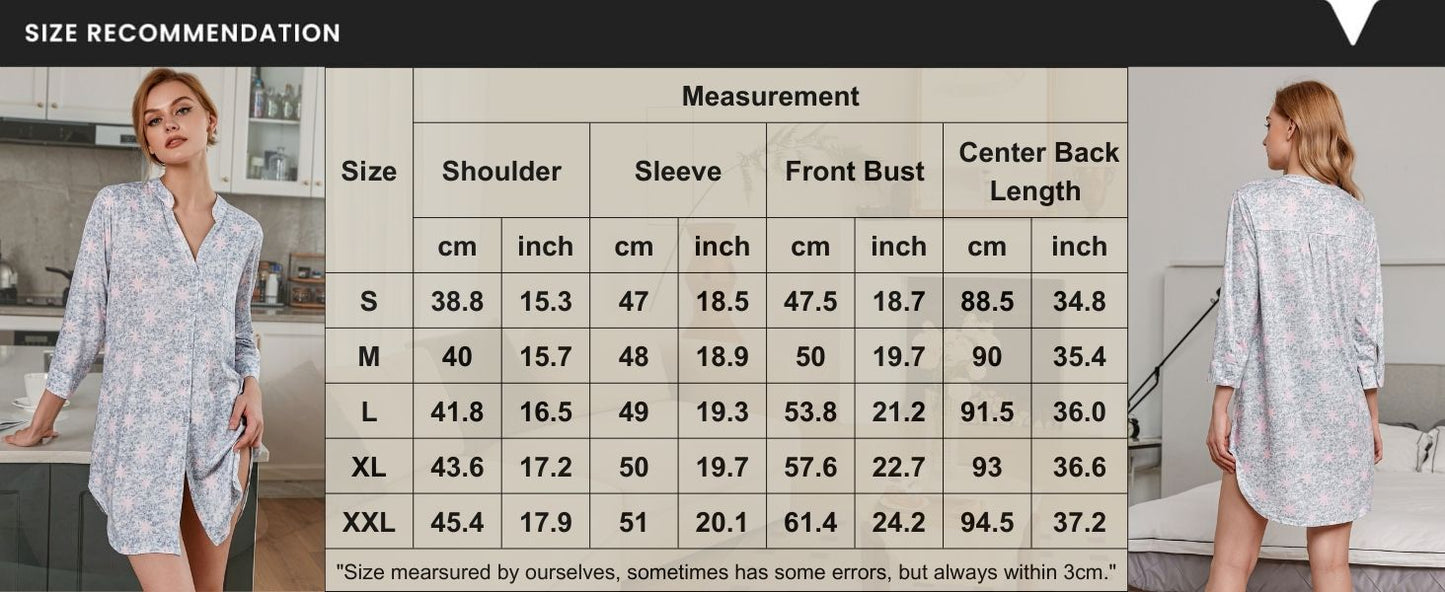 Ekouaer Women's Nightgown V Neck Striped Button Down Sleepwear 3/4 Sleeves Nightshirts Soft Button Sleep Dress