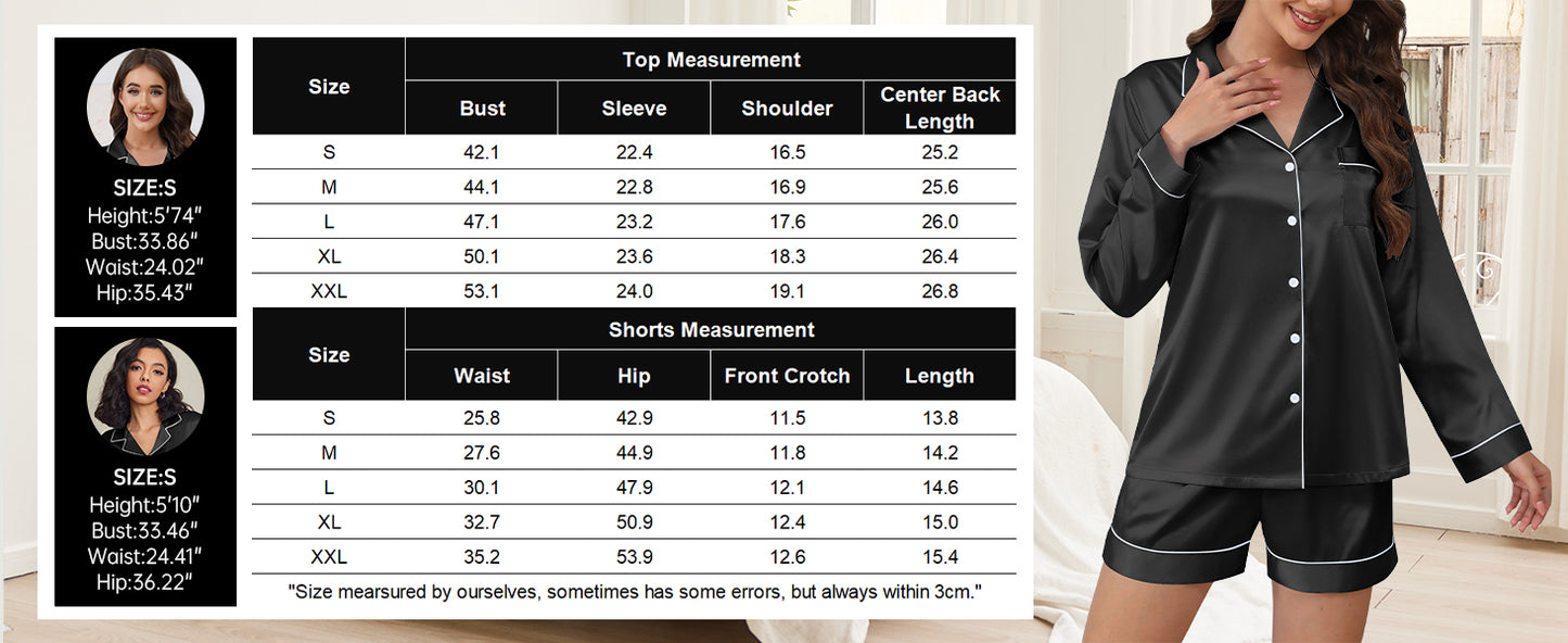Ekouaer Satin Pajama Set for Women Button Down Pj Set Long Sleeve Top and Shorts 2 Piece Loungewear Summer Soft Sleepwear