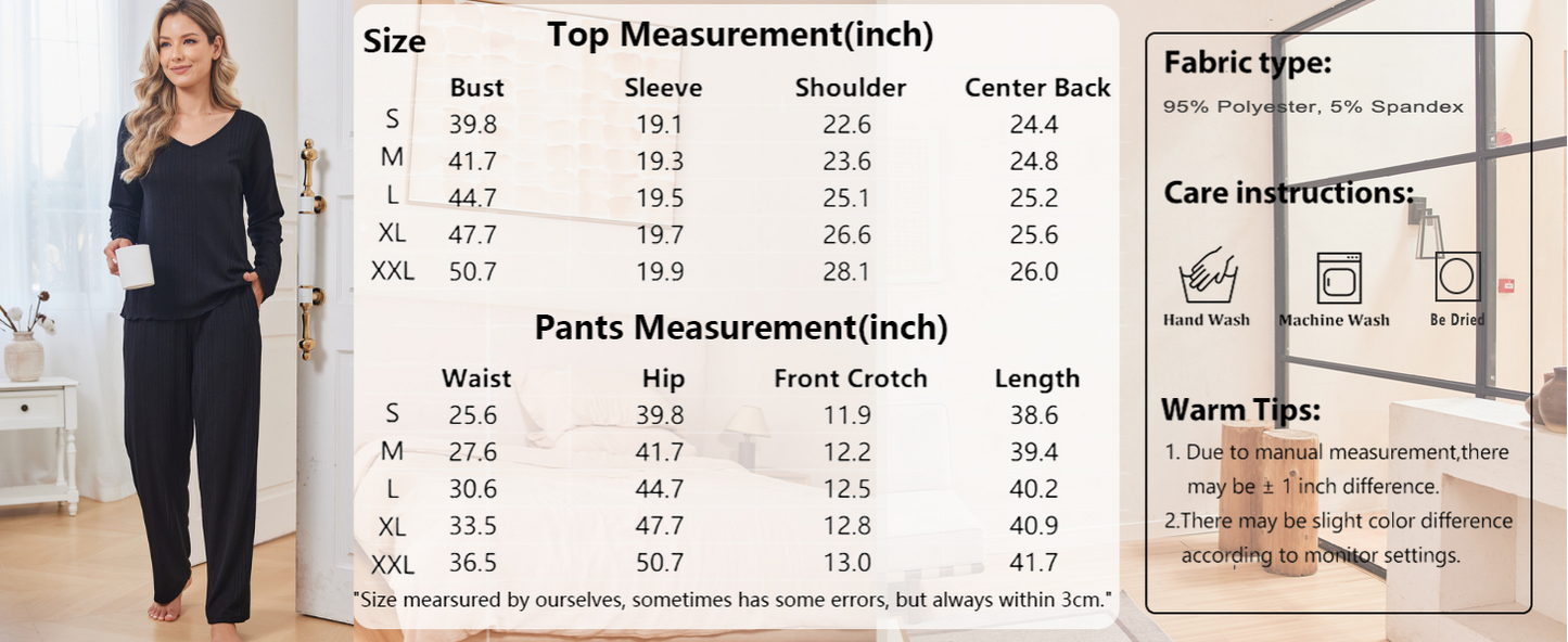 Ekouaer Womens Pajama Set Ribbed Knit PJs 2 Piece Lounge Set Long Sleeve Top and Pants Comfy Sleepwear with Pockets Red Purple M