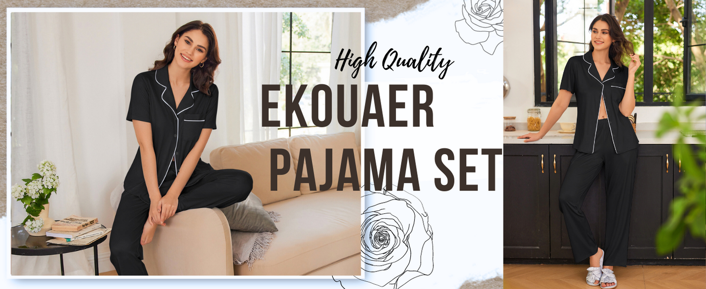 Ekouaer Women Pajamas Set Button Down Sleepwear Short Sleeve Nightwear with Long Pants Soft Pjs Set