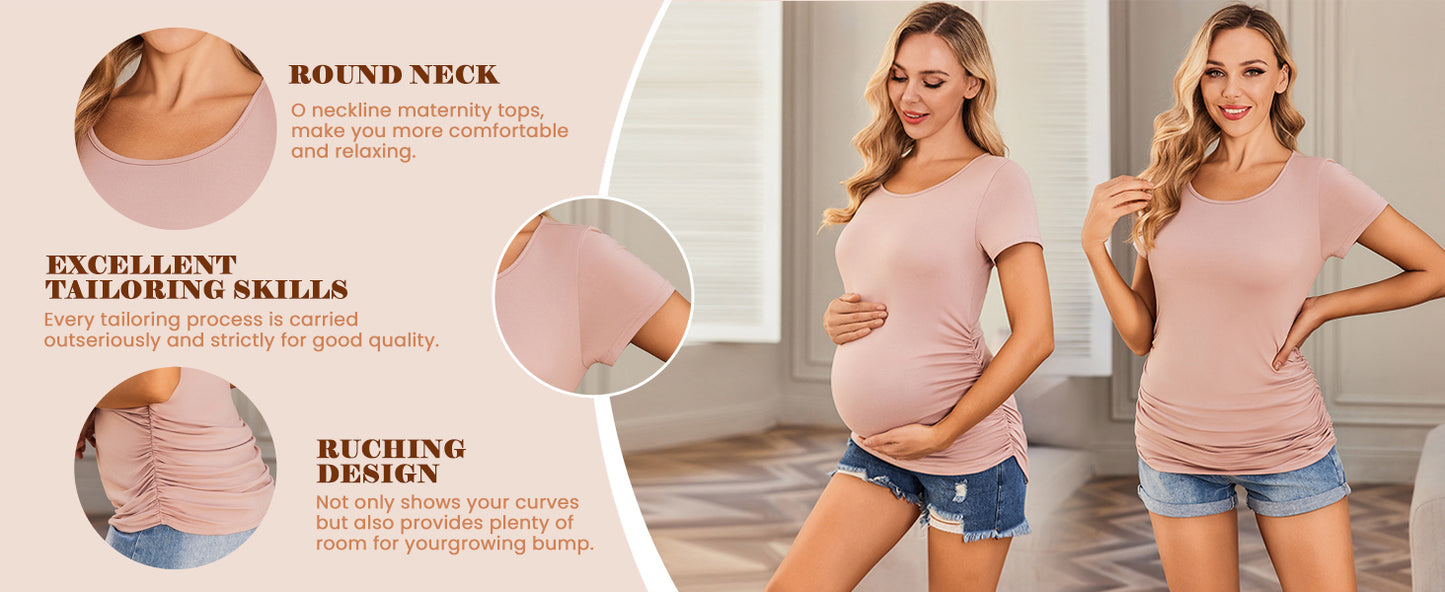 Ekouaer Womens Maternity Shirts 3 Packs Side Ruched Pregnancy Tee Top Casual Mama Clothes