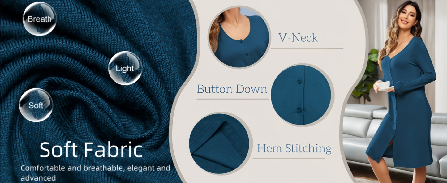 Ekouaer Button Down Nightgown for Women Long Sleeve Sleepwear V Neck Nightshirt Boyfriend Pajama Dress Sleep Dress