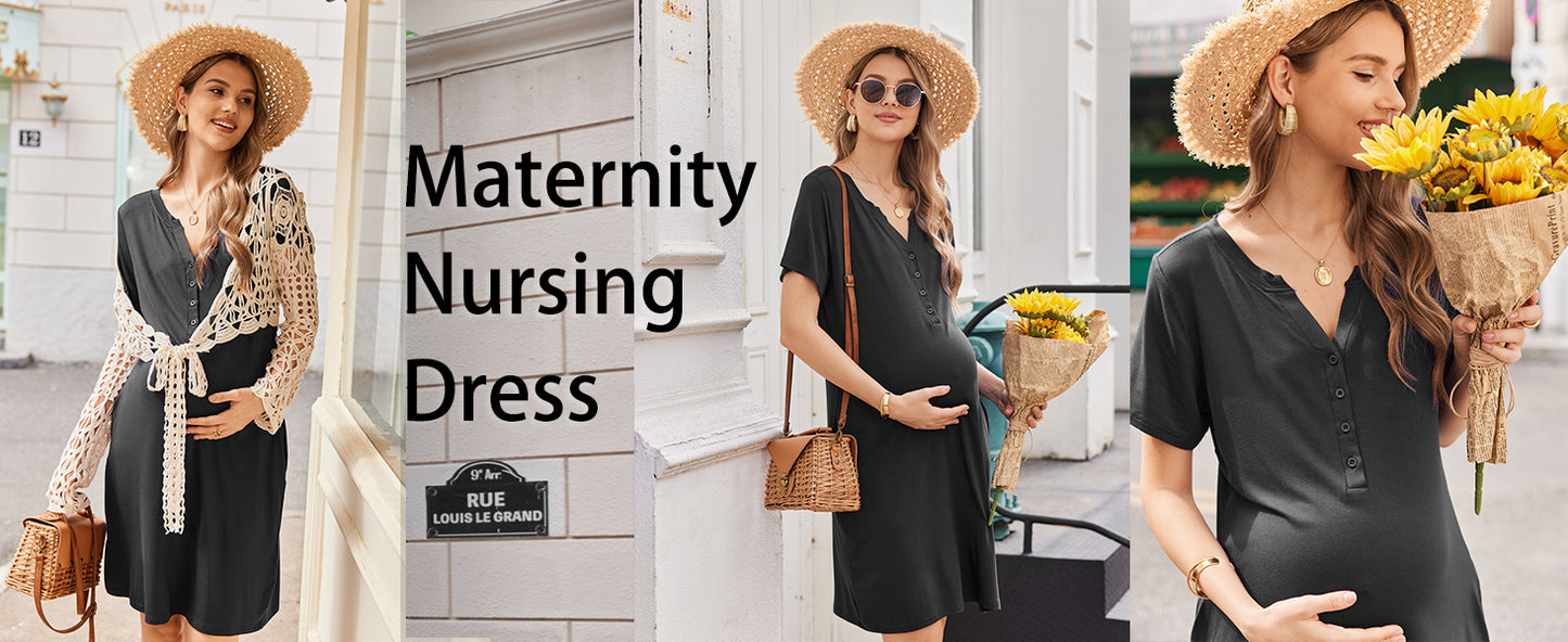 Ekouaer Nursing Nightgown Striped Women Short Sleeve Breastfeeding Sleep Dress Maternity Delivery/Labor Gown Floral Grey