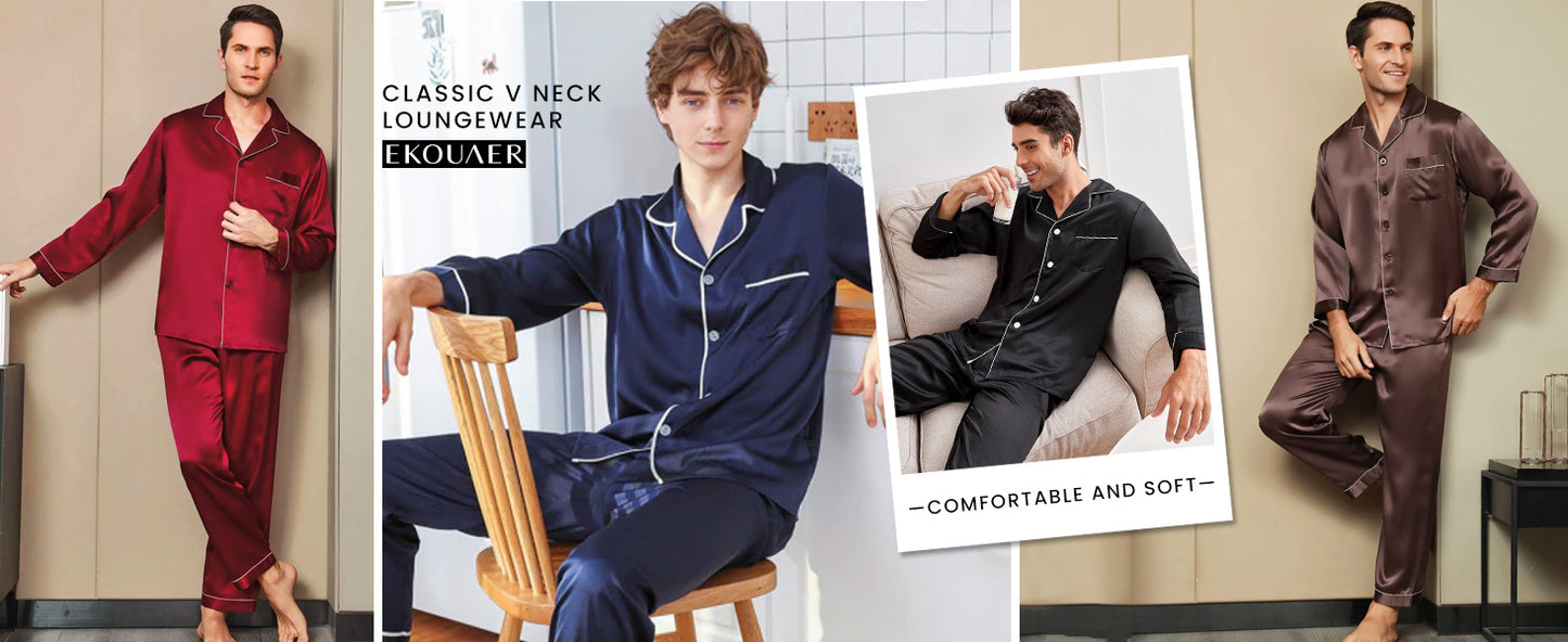 Ekouaer Couples Matching Pajamas Silk Long Sleeve Sleepwear Satin Soft Button Down Loungewear Pjs Set