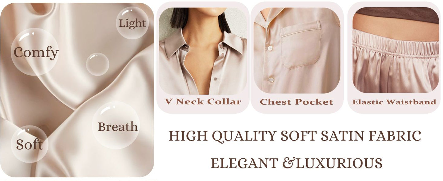 Ekouaer Womens Satin Silky Pajama Set 2 Piece Print PJs Soft Loungewear Button Down Sleepwear with Elastic Waist Long Pants