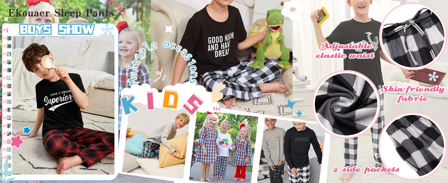 Ekouaer Boys Pajama 3 Pack Sleep Pants - Soft Elastic Waist Kids Plaid Lounge Bottoms With 2 Pockets