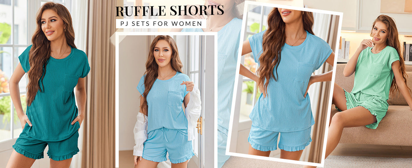 Ekouaer Womens Pajama Set Cap Sleeve Tops and Ruffle Shorts Lounge Set 2 Piece Pj Sets Casual Sleepwear with Pockets