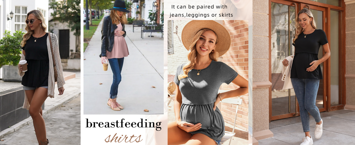 Ekouaer Womens Nursing Tops 3 Packs Short Sleeve Breastfeeding Shirts Double Layer Postpartum Shirt Nursing Shirts