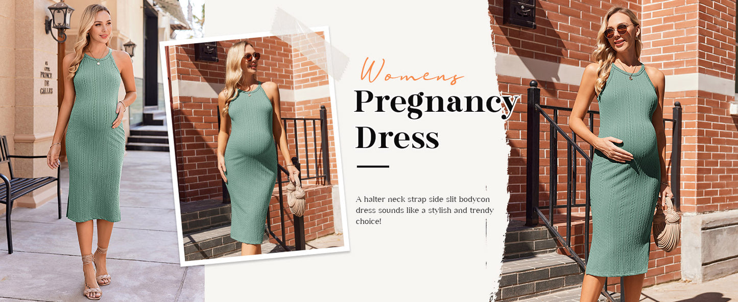 Ekouaer Maternity Dress Rib Knit Side Slit Stretchy Bodycon Pregnancy Dresses Halter Neck Sleeveless Pregnant Clothes