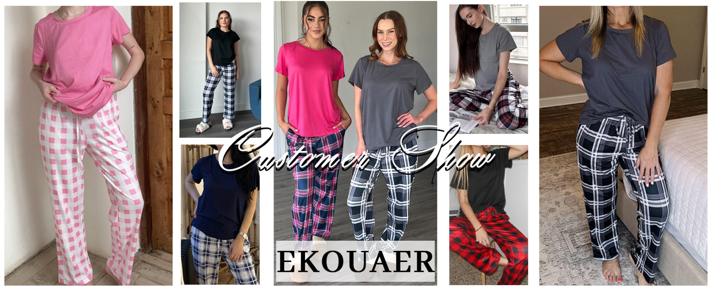 Ekouaer Pajama Sets for Women Round Neck Pjs Short Sleeve Sleepwear with Long Pants Loose Lounge Sets Black-pink Plaid XL