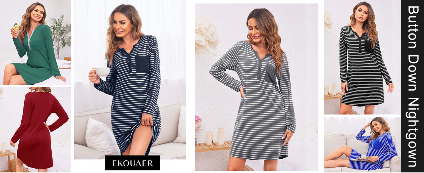 Ekouaer Women's Nightshirt Long Sleeve Button Down Nightgown V-Neck Sleepwear Casual Pajama Dress