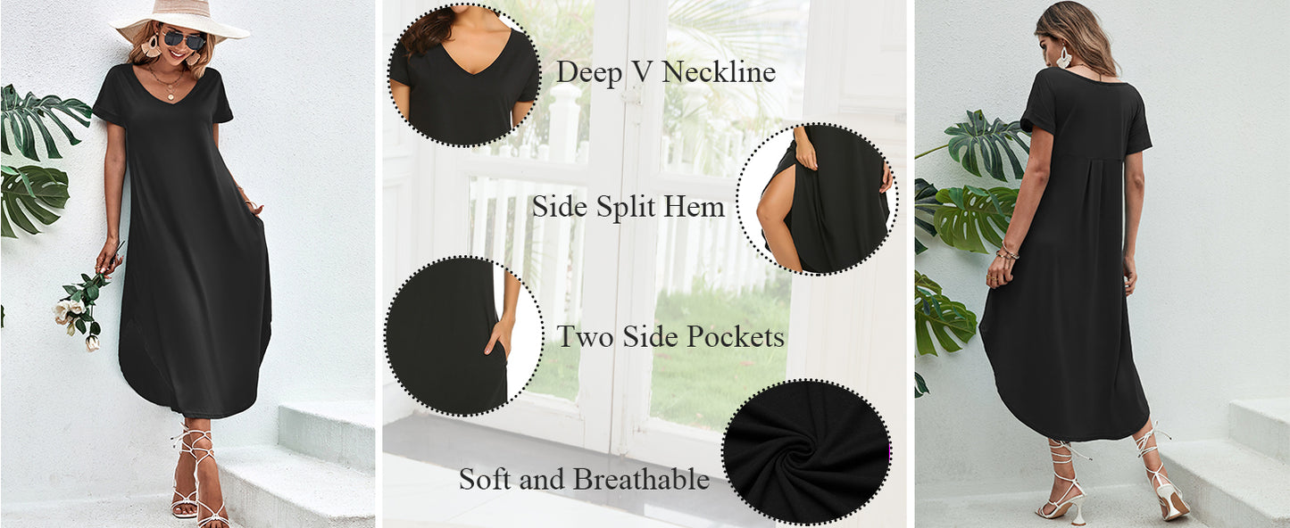 Ekouaer Nightgowns for Women V Neck Nightshirts Short Sleeve Soft Sleepwear Side Split Pockets Long Nightdress