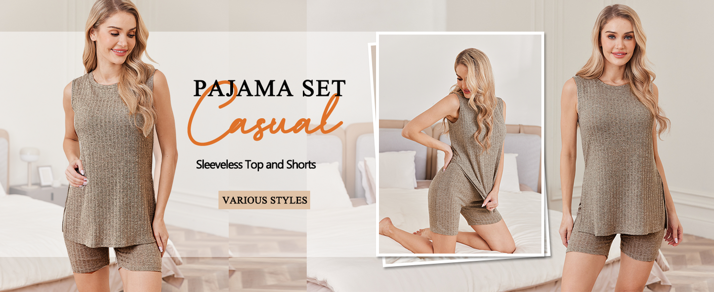Ekouaer Womens 2 Piece Lounge Set Ribbed Knit Pajamas Sleeveless Sleepwear Biker Shorts Loungewear Outfit