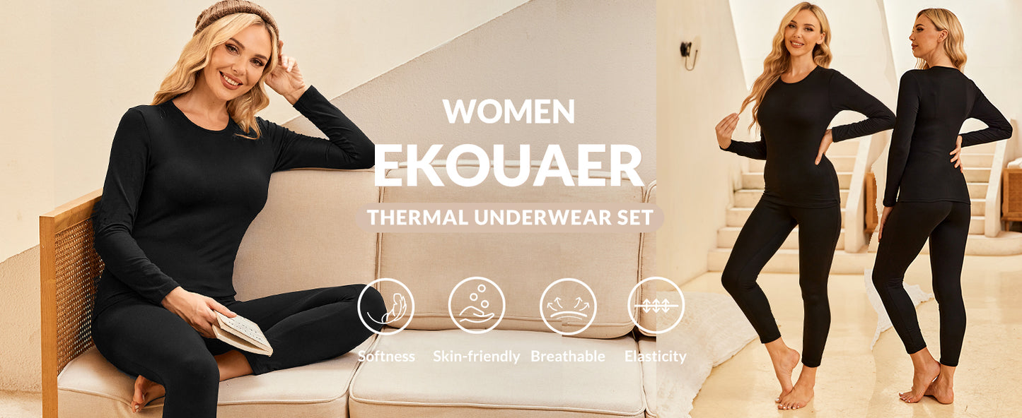 Ekouaer Thermal Underwear for Women Long Johns Sets Base Layer Lightweight 2 Pieces Pajams Set