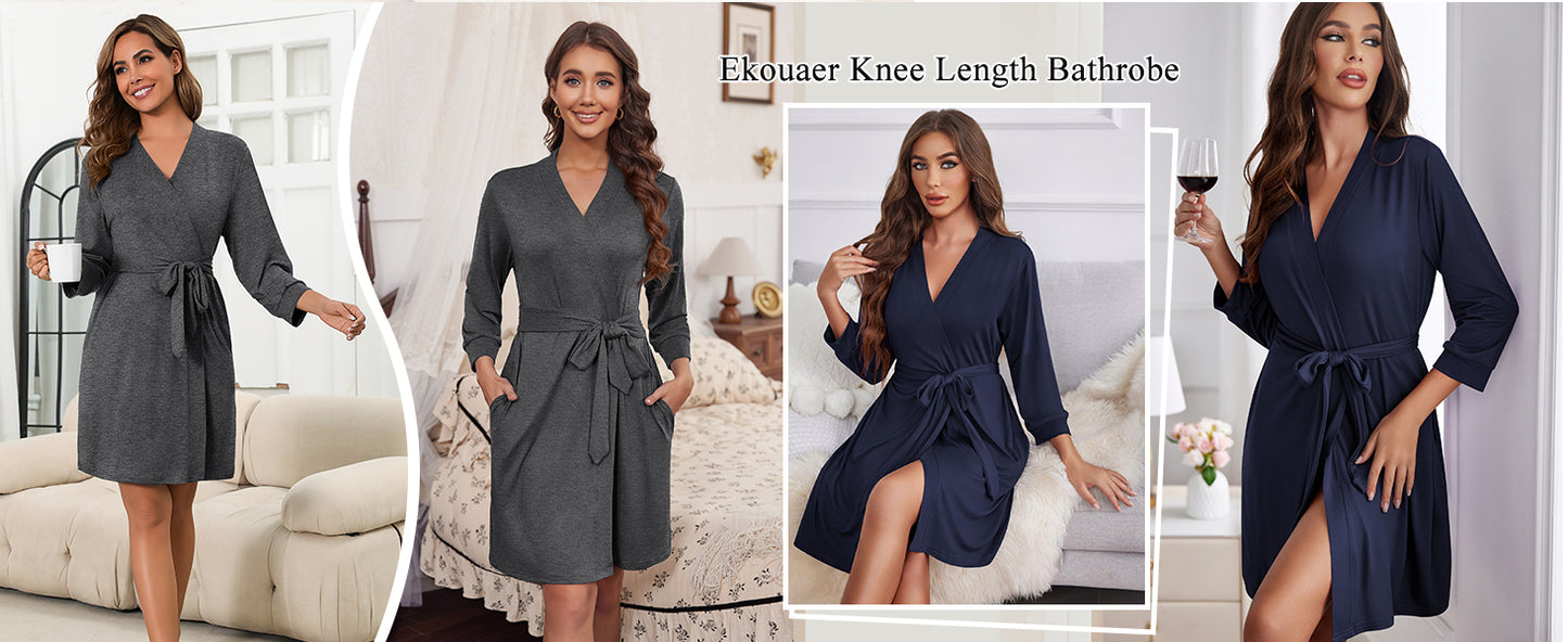 Ekouaer Women??s Robes Lightweight 3/4 Sleeve Short Knit Bathrobe Soft Knee Length Sleepwear Robes with Pockets