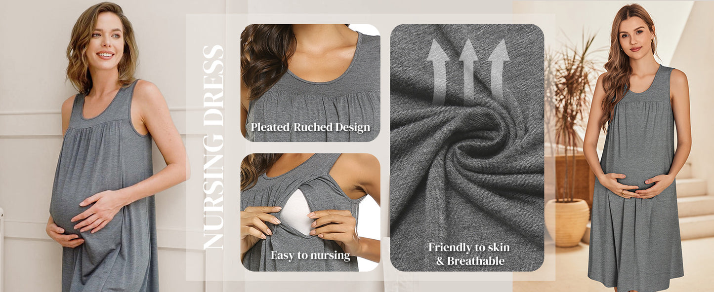 Ekouaer Maternity Nursing Dress Nightgown Labor and Delivery Gown Sleeveless Pregnancy Breastfeeding Dresses