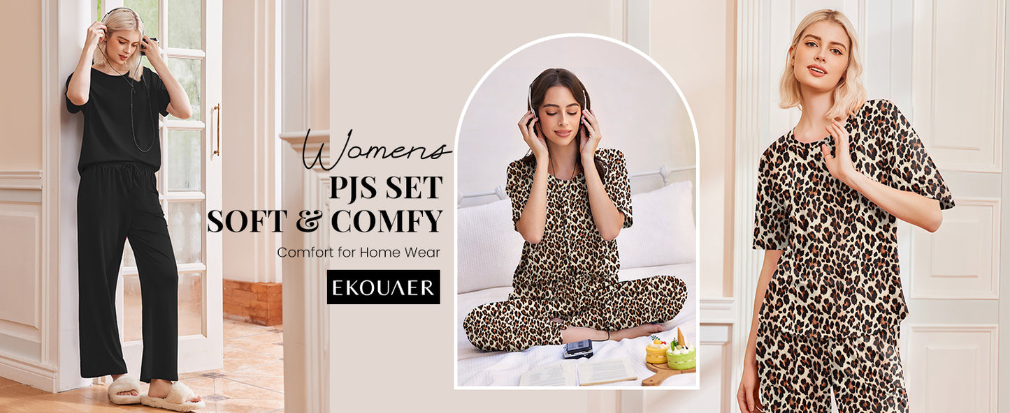 Ekouaer 2 Pack Womens Pajama Sets Short Sleeve Tops and Long Pants Casual Comfy Pjs Lounge Set with Pockets