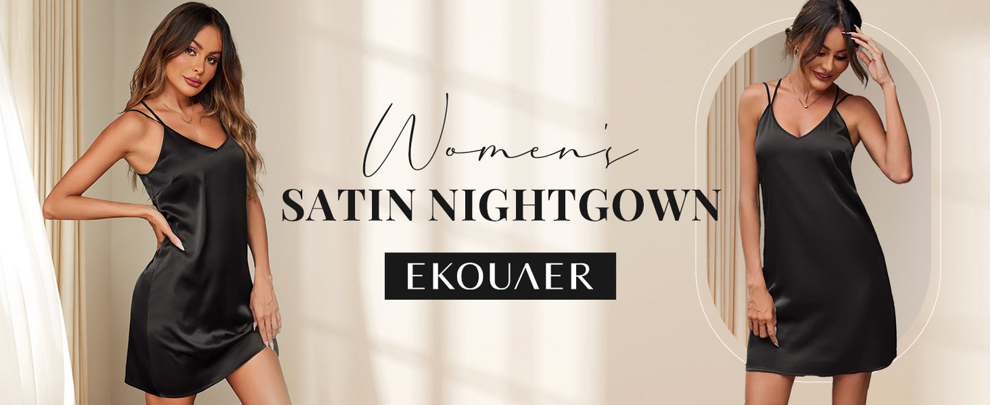 Ekouaer Nightgowns for Women 2 Pack Women's Satin Slip Dress Chemise Nightdress Sleepwear Silk Pajamas