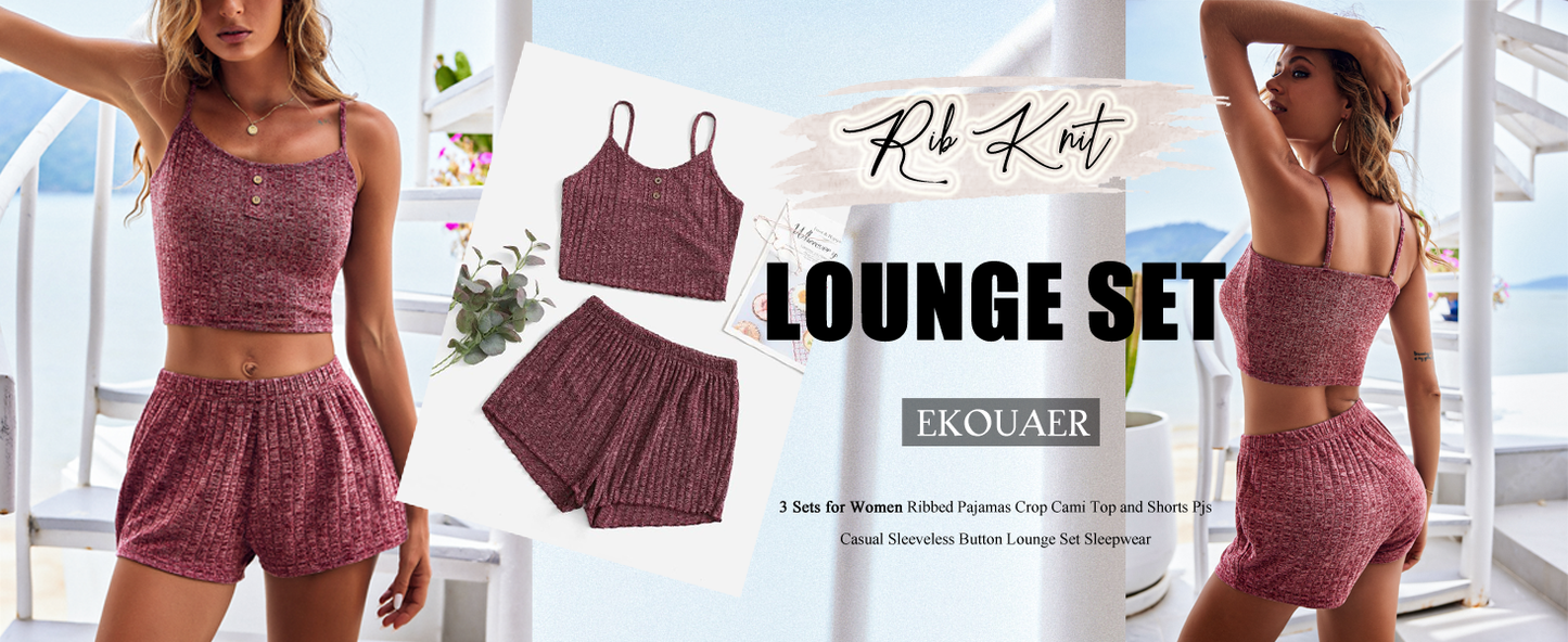 Ekouaer 3 Sets for Women Ribbed Pajamas Crop Cami Top and Shorts Pjs Casual Sleeveless Button Lounge Set Sleepwear