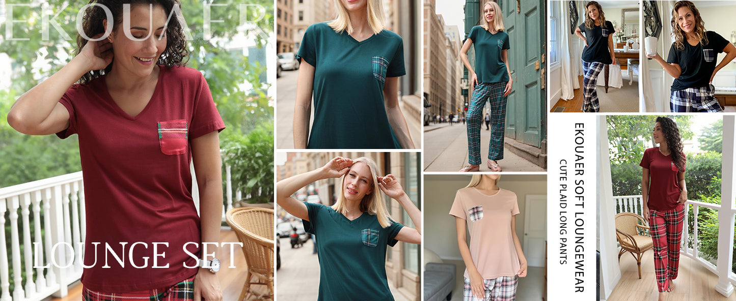 Ekouaer Pajama Sets for Women 2 Piece Short Sleeve Pj Sets With Long Printed Pants Sleepwear Casual Lounge Sets