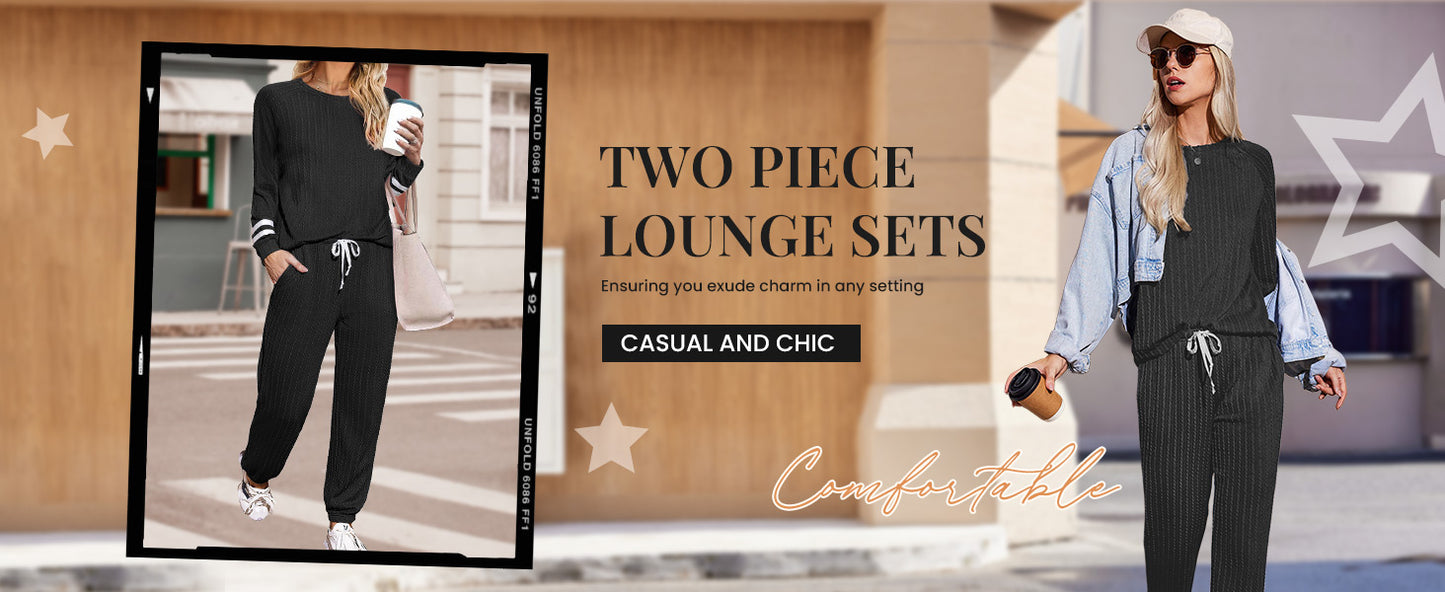 Ekouaer Lounge Sets for Women Ribbed Knit Outfits Pajamas Sets 2 Piece Long Sleeve Sweatsuits with Pockets