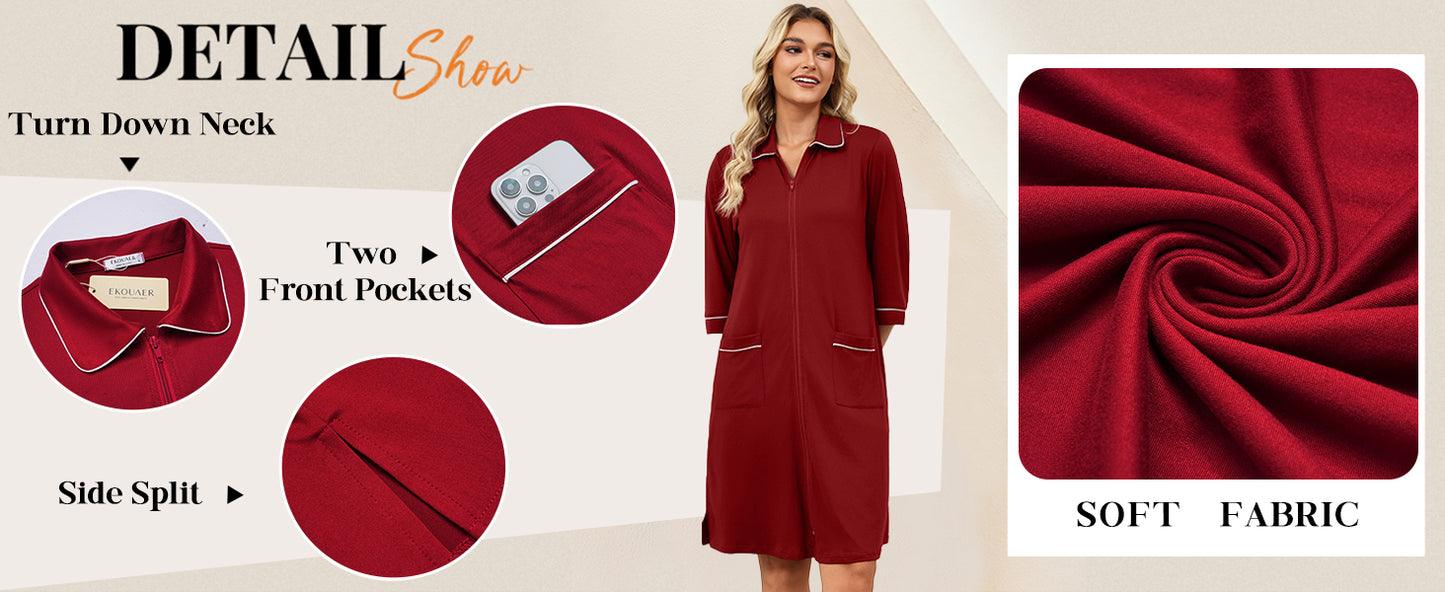 Ekouaer Zipper Robes for Women 3/4 Sleeve Housecoats Knee Length Bathrobe Lightweight Nightgown with Pockets