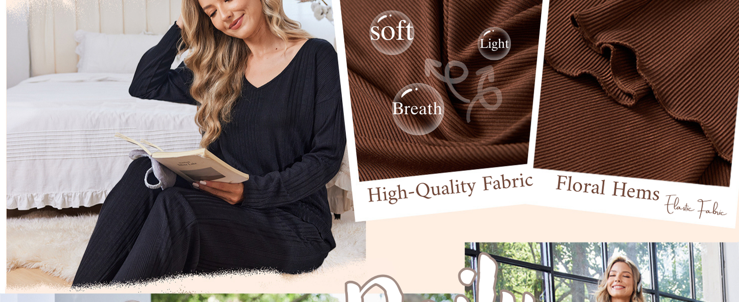 Ekouaer Womens Pajama Set Ribbed Knit PJs 2 Piece Lounge Set Long Sleeve Top and Pants Comfy Sleepwear with Pockets Red Purple M