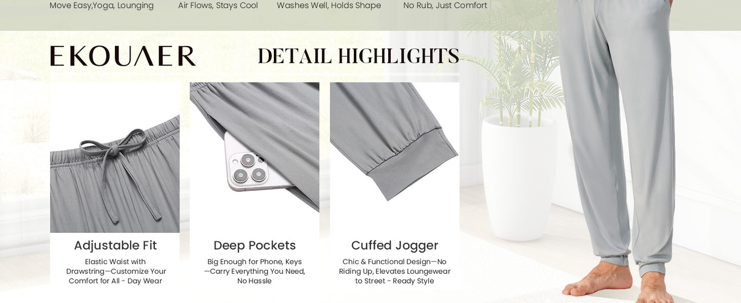Ekouaer Men's Pajama Pants, Lightweight Loungewear, Comfy Jogger Sleep Pant Long Pj Bottoms with Drawstring & Pockets