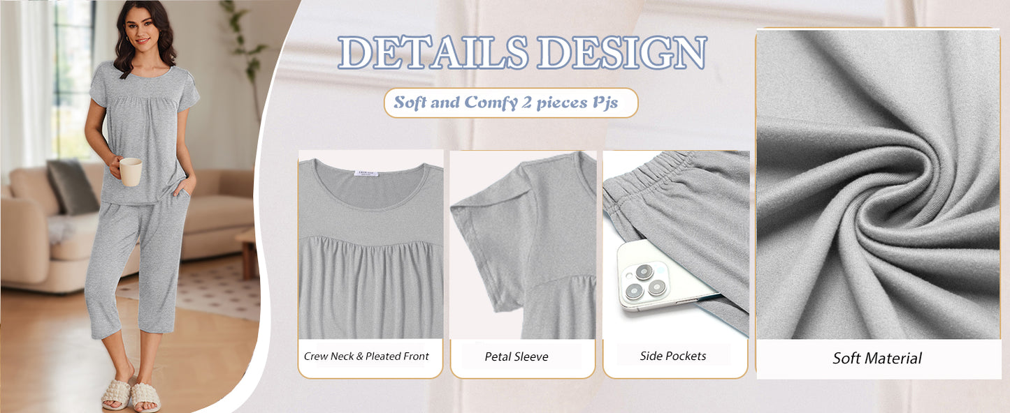 Ekouaer Womens Pajama Set Short Sleeve Sleepwear Pleated Floral Pjs Set Capri Pants Lounge Sets with Pockets